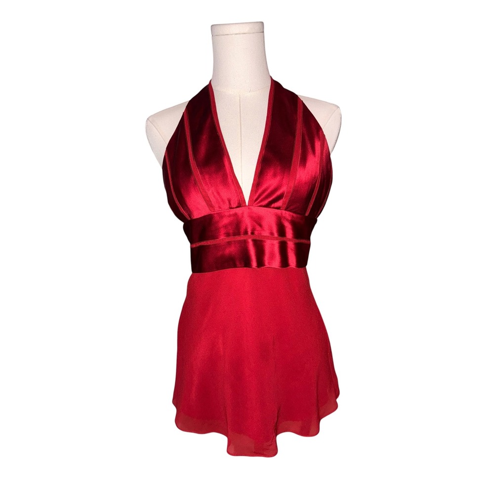 BCBGMAXAZRIA Red 100% Silk Halter Top V-Neck Satin Empire Waist Blouse Medium